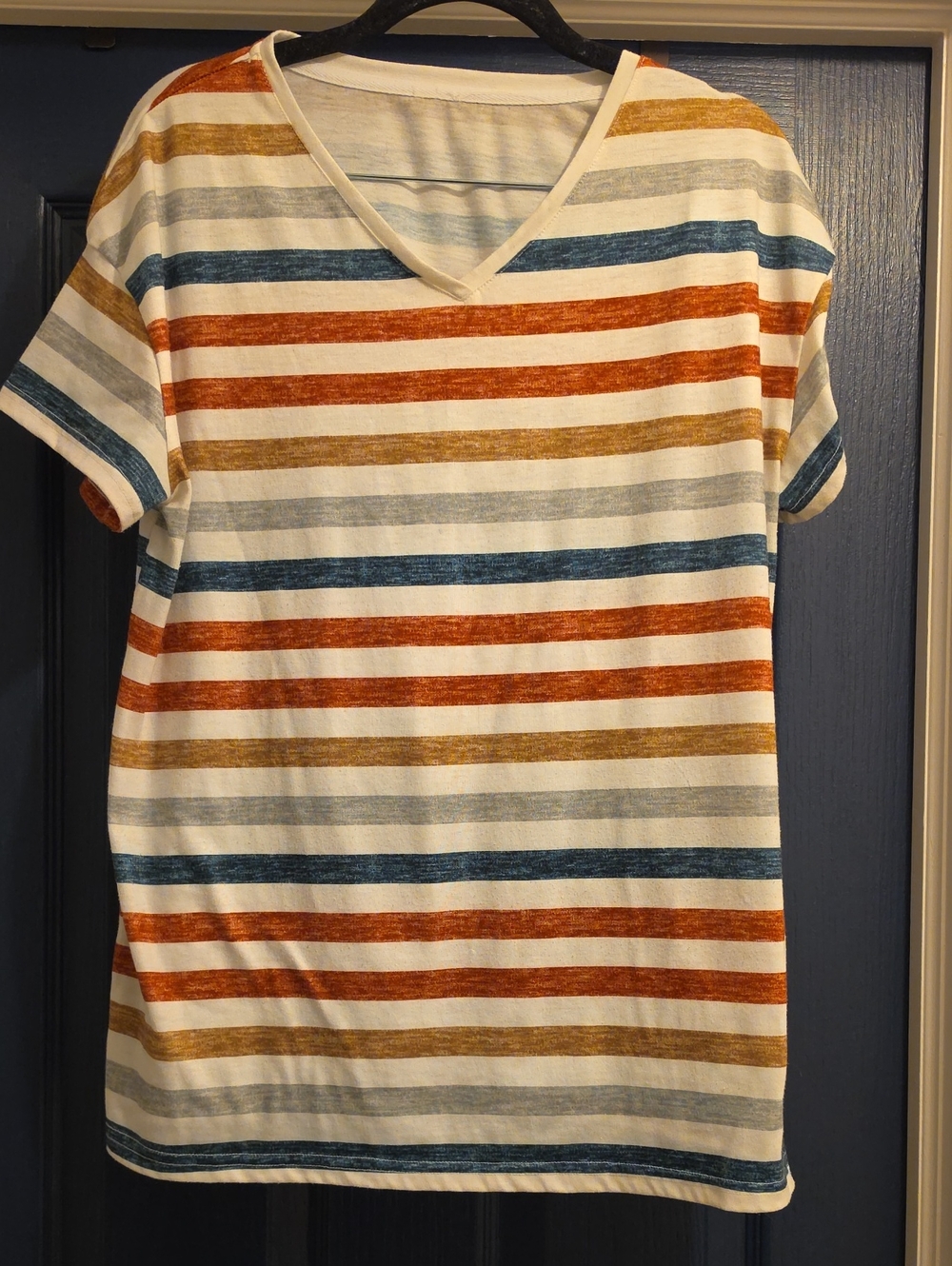 Striped V-Neck Tee in Cream with Rust, Blue & Gold Stripes